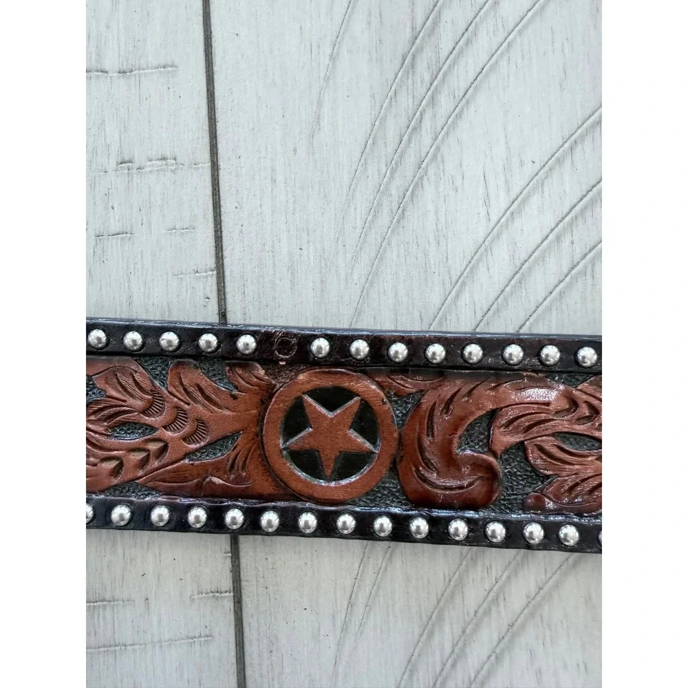 V- 037- 3-D Belt Co Mens Brown Hand Tooled Leather Western Star Studded Belt 36